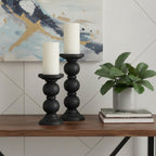 Set of Two Black Wood Abstract Tabletop Candle Holders  Warm Home View
