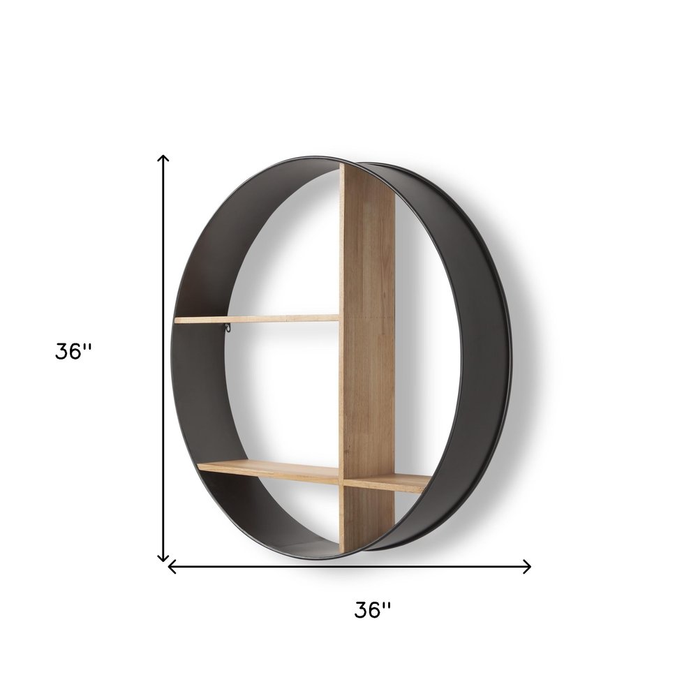 36" Black And Brown Metal And Wood Circular Multi Tier Shelf  Warm Home View