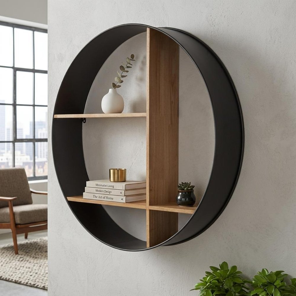 36" Black And Brown Metal And Wood Circular Multi Tier Shelf  Warm Home View