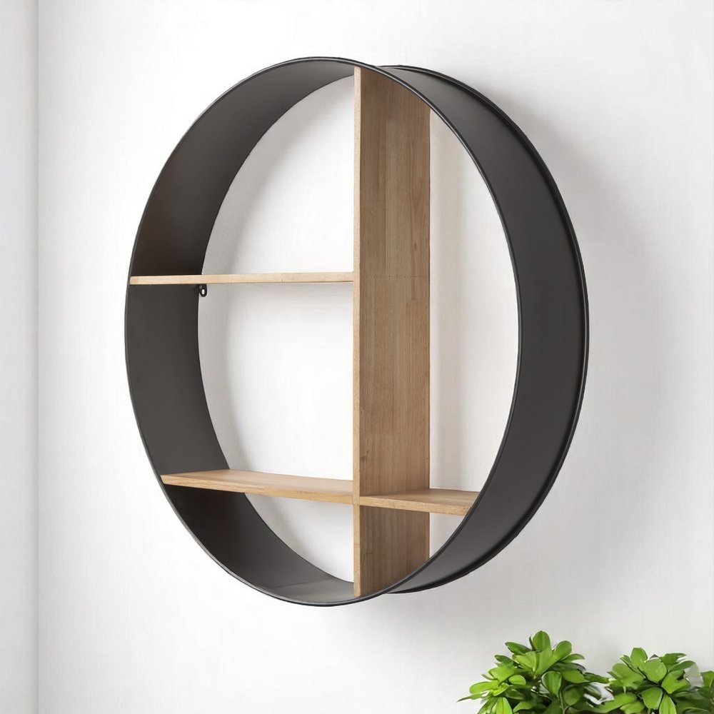 36" Black And Brown Metal And Wood Circular Multi Tier Shelf  Warm Home View