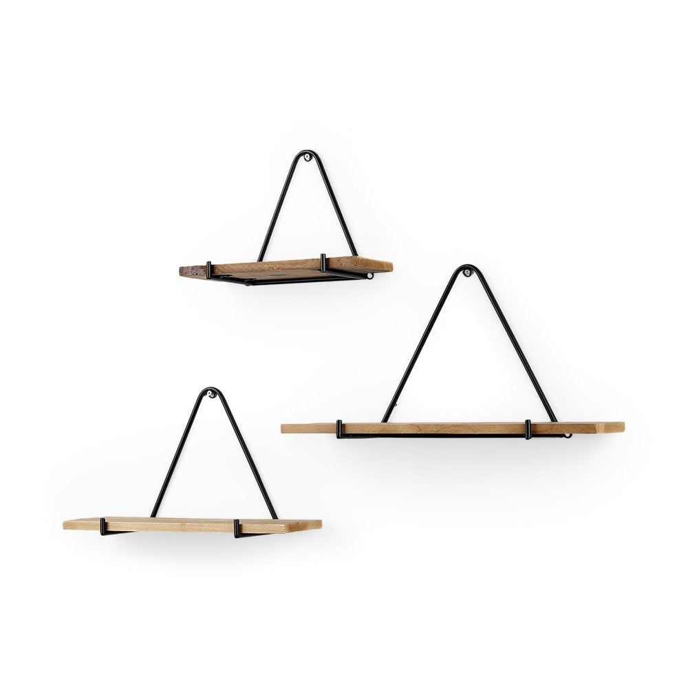 Set Of Three Black And Brown Metal And Solid Wood Triangle Wall Mounted Accent Shelves  Warm Home View