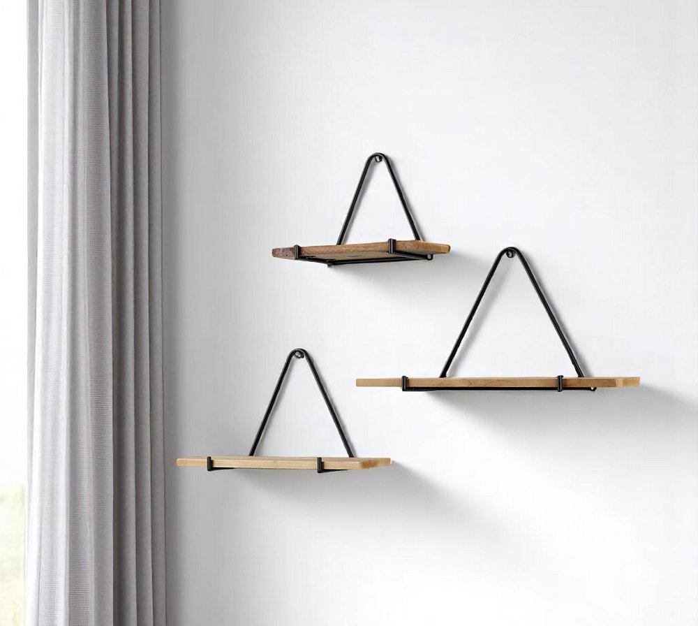 Set Of Three Black And Brown Metal And Solid Wood Triangle Wall Mounted Accent Shelves  Warm Home View