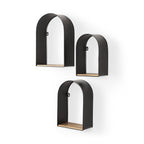 Set Of Three Black And Brown Metal And Solid Wood Arched Wall Mounted Accent Shelf  Warm Home View