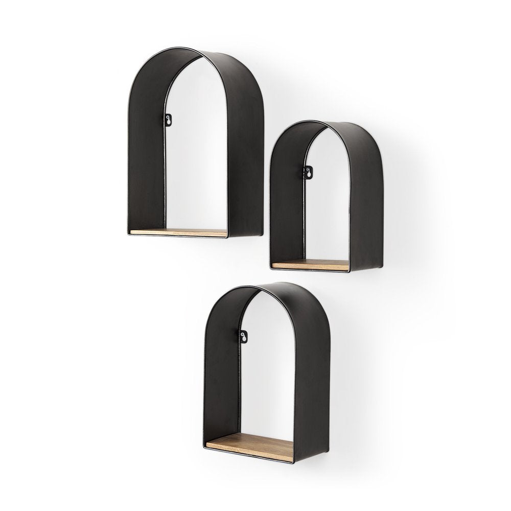 Set Of Three Black And Brown Metal And Solid Wood Arched Wall Mounted Accent Shelf  Warm Home View