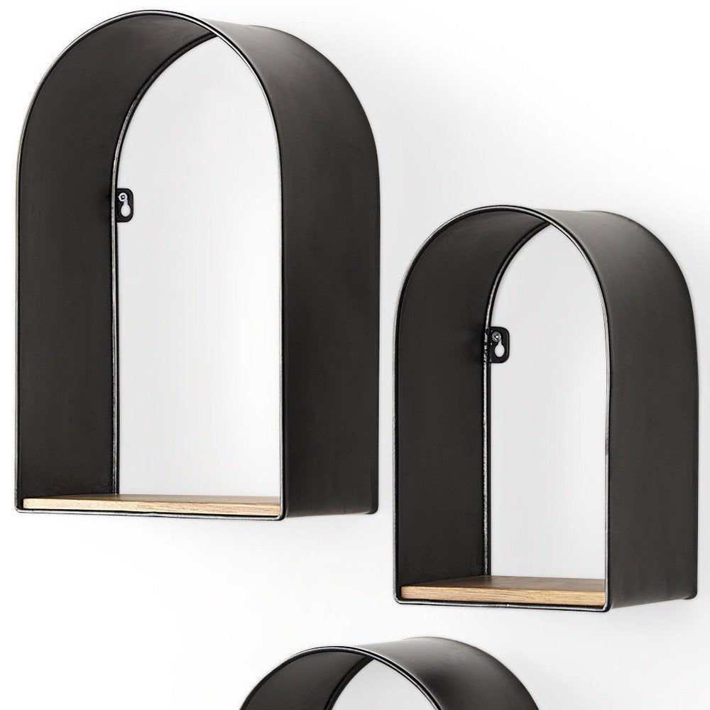 Set Of Three Black And Brown Metal And Solid Wood Arched Wall Mounted Accent Shelf  Warm Home View