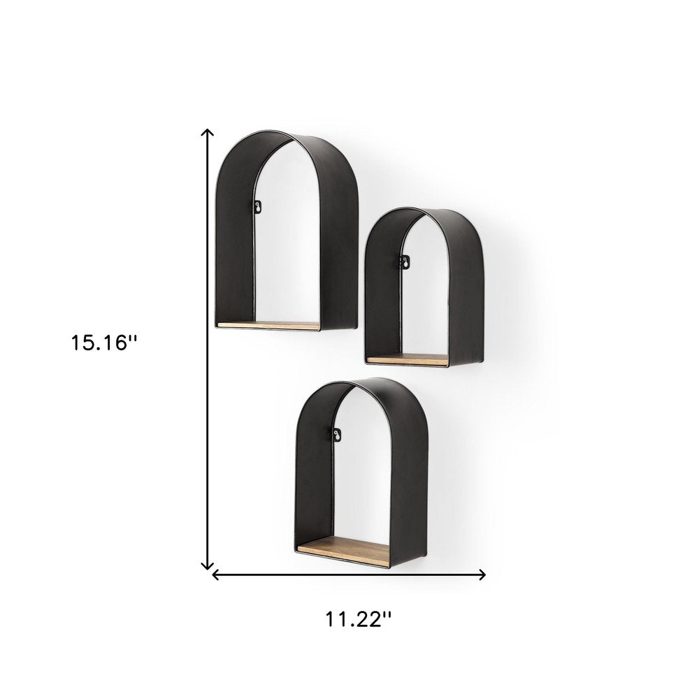 Set Of Three Black And Brown Metal And Solid Wood Arched Wall Mounted Accent Shelf  Warm Home View