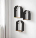Set Of Three Black And Brown Metal And Solid Wood Arched Wall Mounted Accent Shelf  Warm Home View