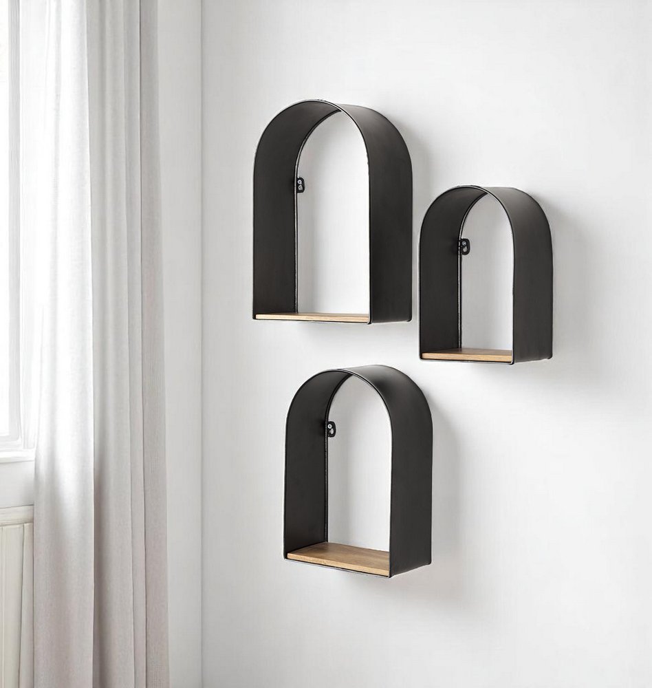 Set Of Three Black And Brown Metal And Solid Wood Arched Wall Mounted Accent Shelf  Warm Home View