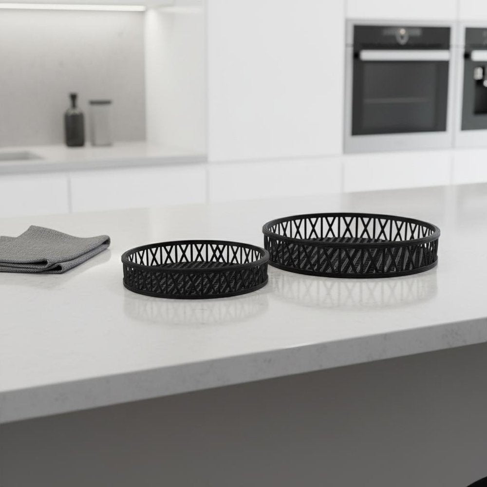 Set of Two Black Round Wicker Handmade Serving Trays  Warm Home View