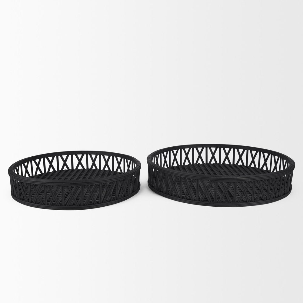 Set of Two Black Round Wicker Handmade Serving Trays  Warm Home View
