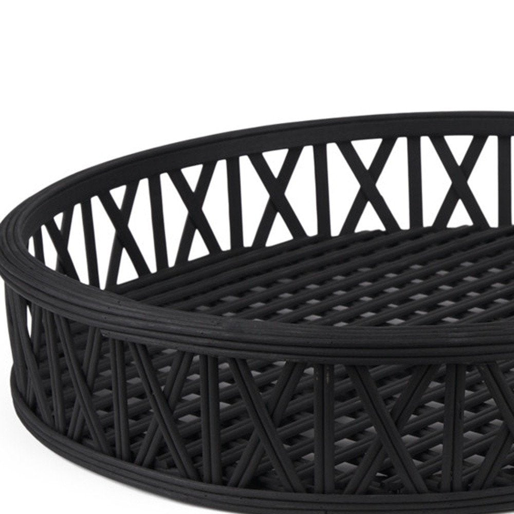 Set of Two Black Round Wicker Handmade Serving Trays  Warm Home View
