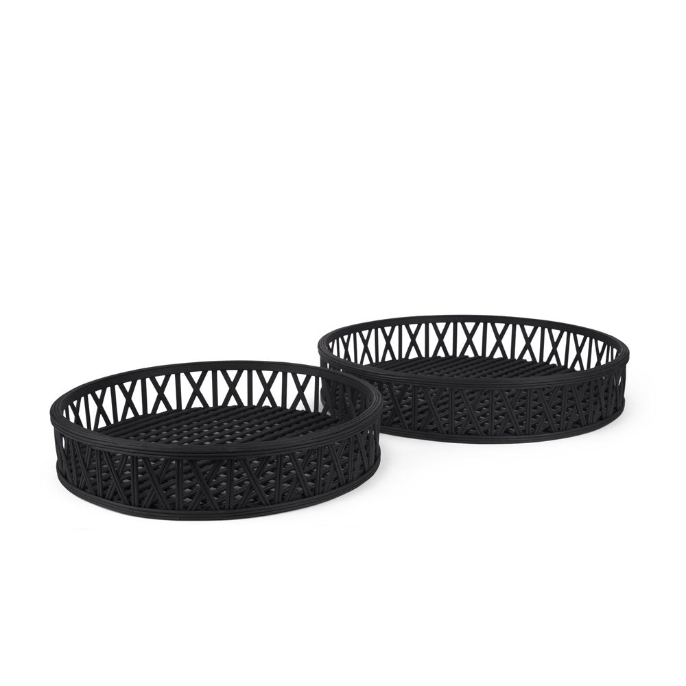 Set of Two Black Round Wicker Handmade Serving Trays  Warm Home View