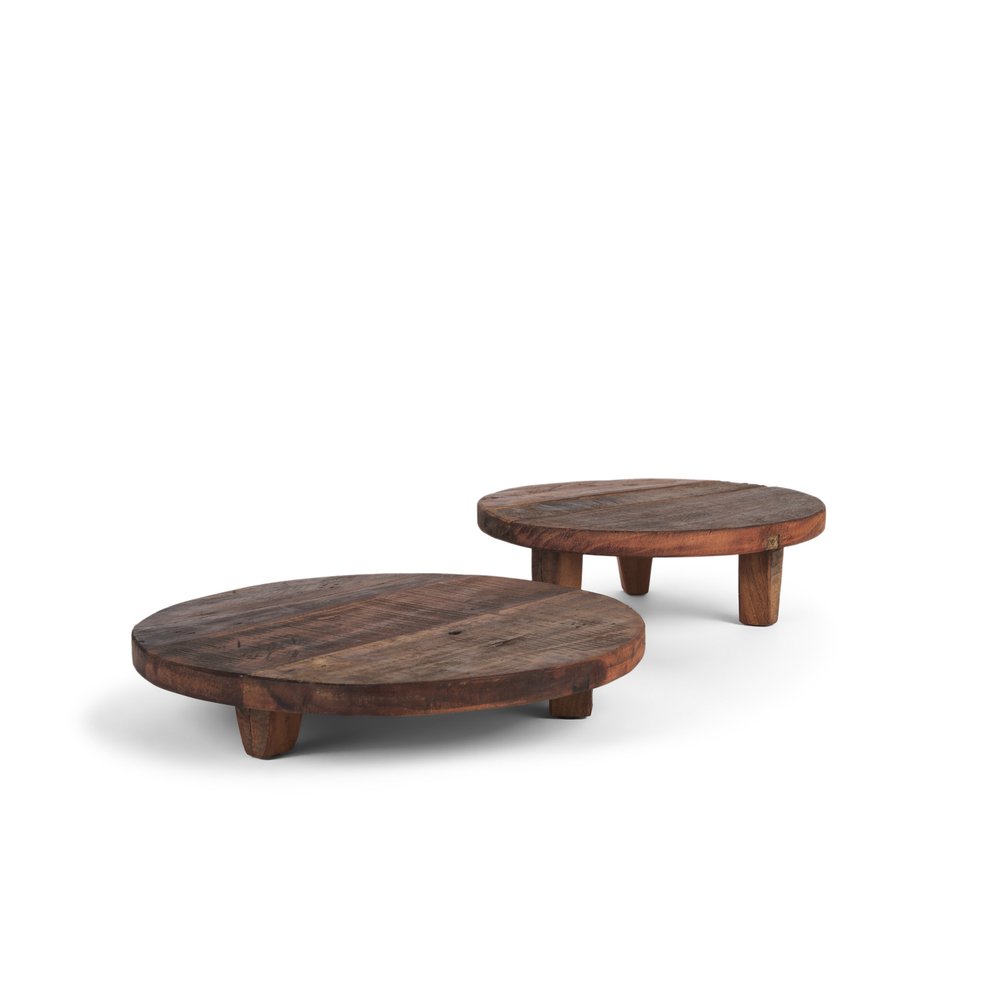 Set of Two Brown Reclaimed Wood Handmade Round Riser Trays  Warm Home View