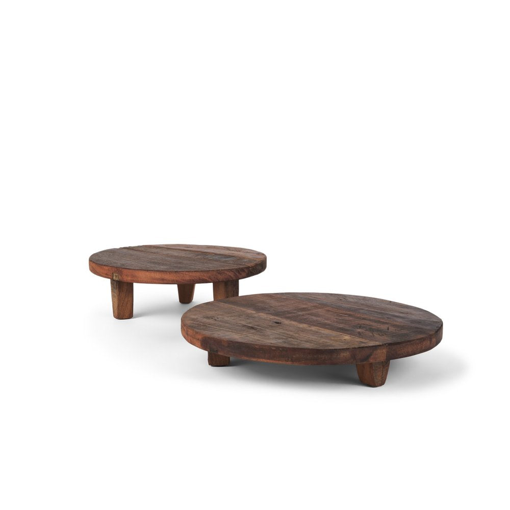 Set of Two Brown Reclaimed Wood Handmade Round Riser Trays  Warm Home View