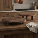 Set of Two Brown Reclaimed Wood Handmade Round Riser Trays  Warm Home View