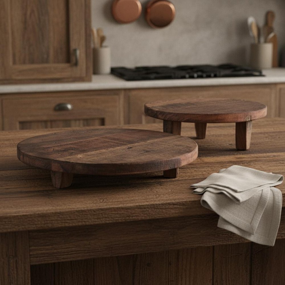 Set of Two Brown Reclaimed Wood Handmade Round Riser Trays  Warm Home View