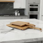 Set of Two Natural Solid Wood Handmade Serve Boards With Handles  Warm Home View