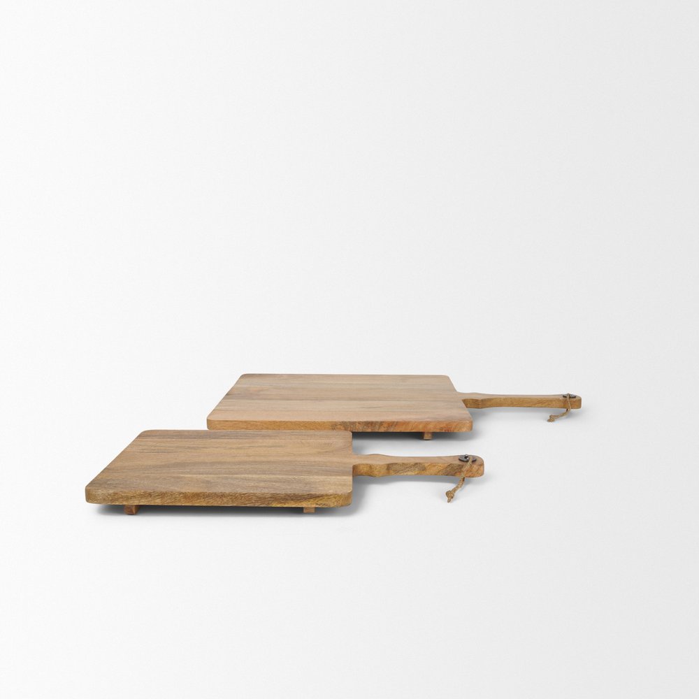 Set of Two Natural Solid Wood Handmade Serve Boards With Handles  Warm Home View