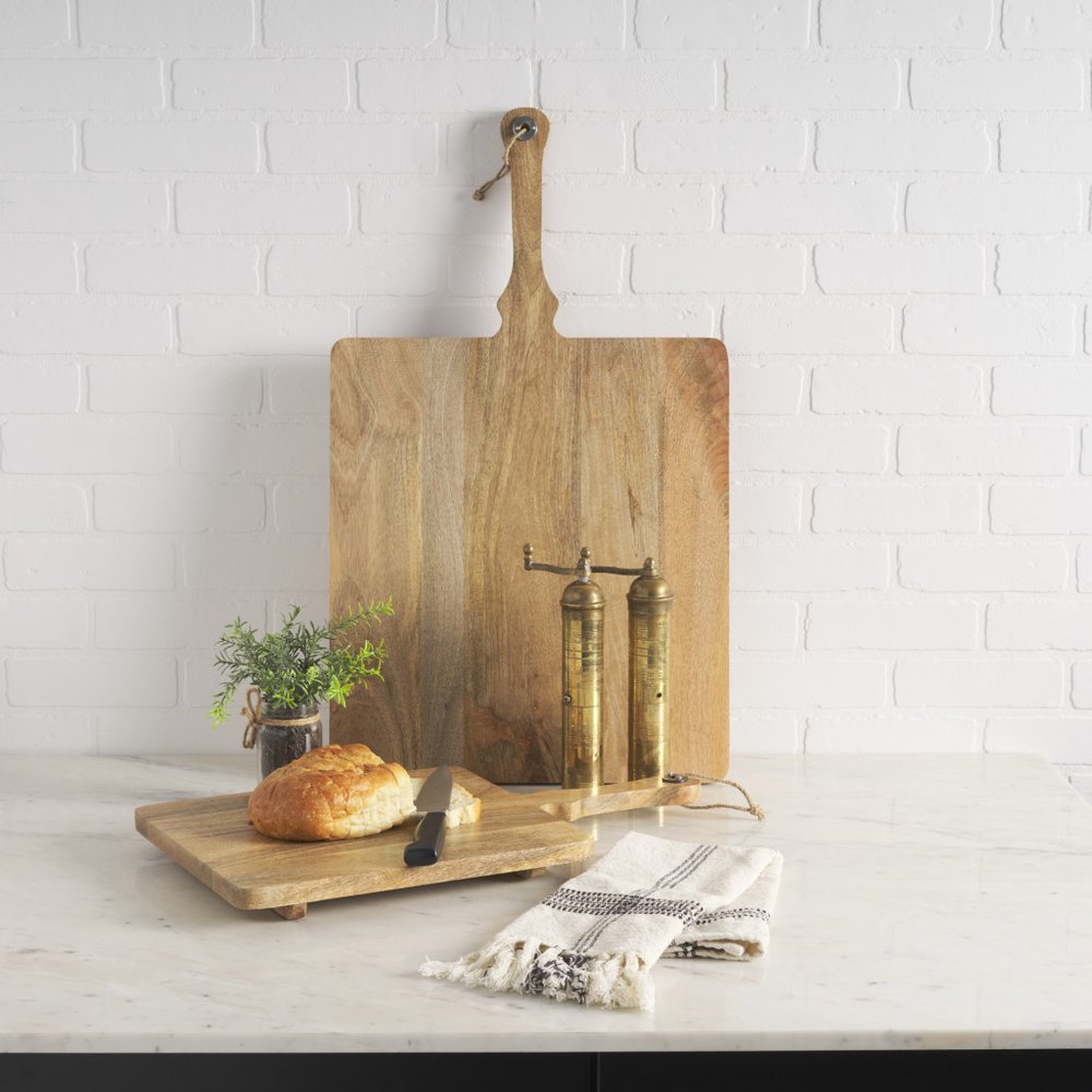 Set of Two Natural Solid Wood Handmade Serve Boards With Handles  Warm Home View
