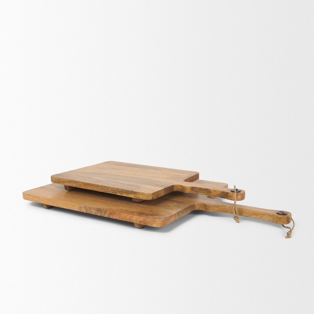 Set of Two Natural Solid Wood Handmade Serve Boards With Handles  Warm Home View