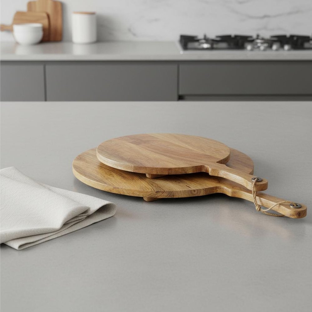 Set of Two Natural Solid Wood Handmade Round Serve Boards With Handles