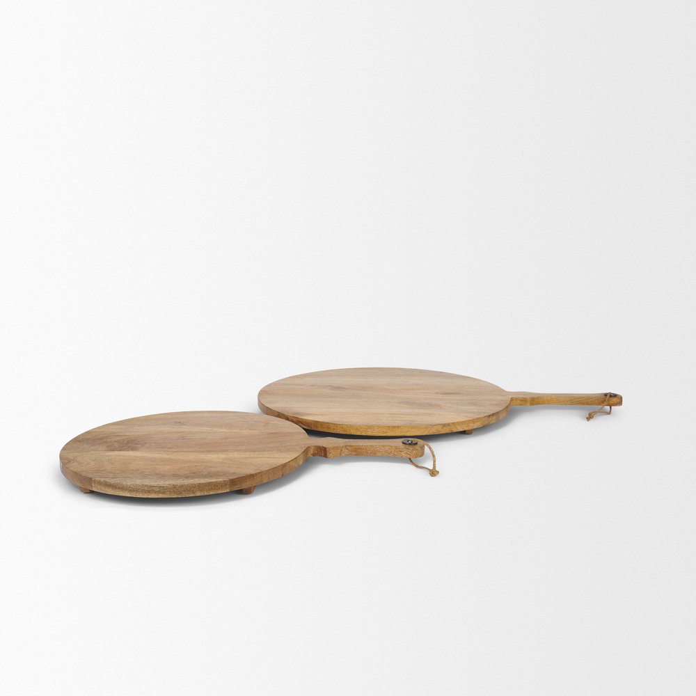 Set of Two Natural Solid Wood Handmade Round Serve Boards With Handles  Warm Home View