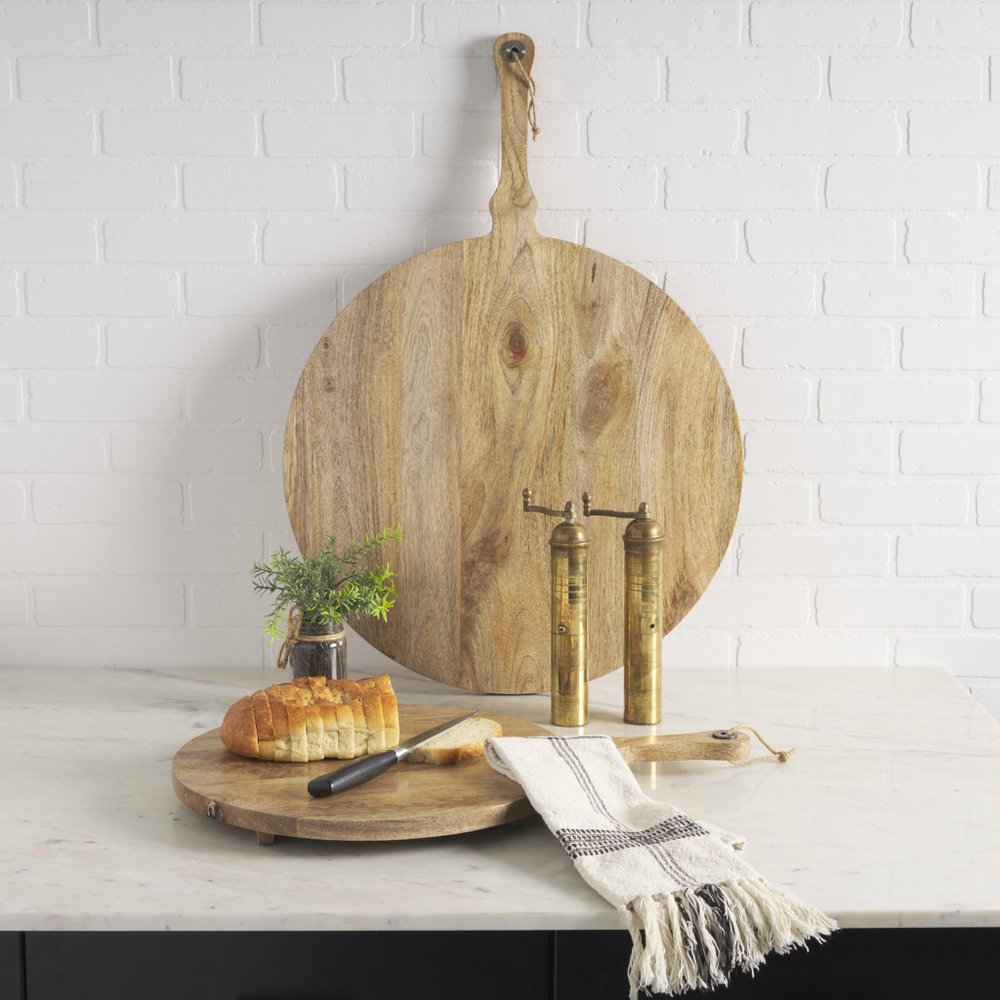 Set of Two Natural Solid Wood Handmade Round Serve Boards With Handles  Warm Home View