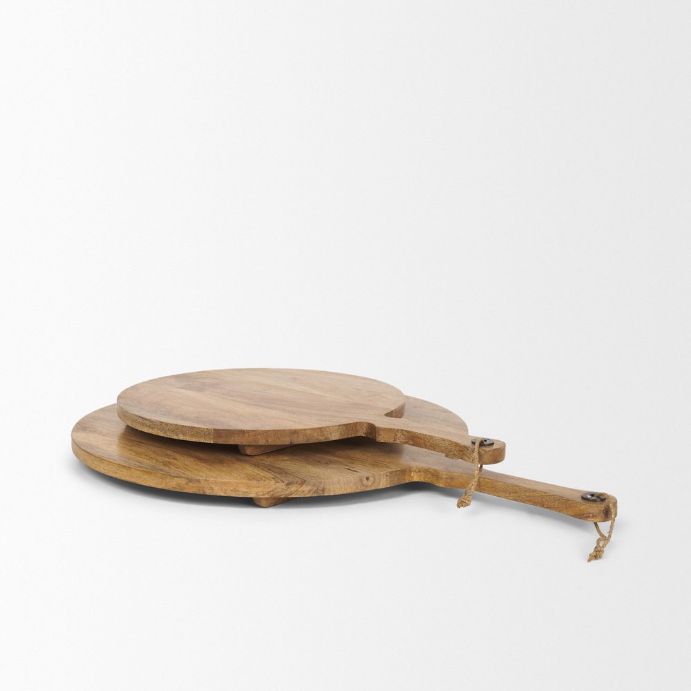 Set of Two Natural Solid Wood Handmade Round Serve Boards With Handles  Warm Home View
