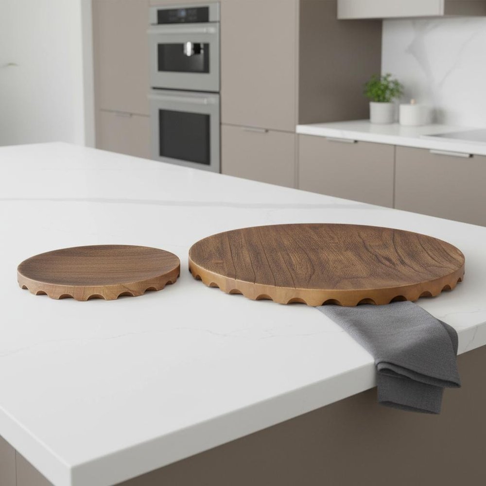 Set of Two Natural Light Brown Round Wood Handmade Serving Trays  Warm Home View