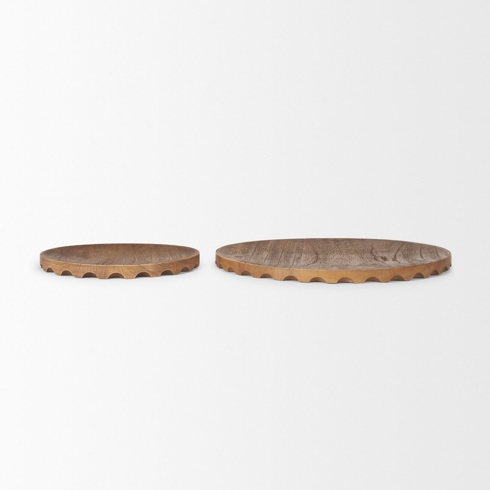 Set of Two Natural Light Brown Round Wood Handmade Serving Trays  Warm Home View