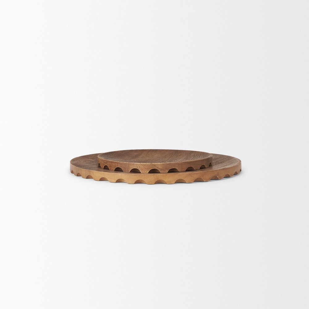 Set of Two Natural Light Brown Round Wood Handmade Serving Trays  Warm Home View