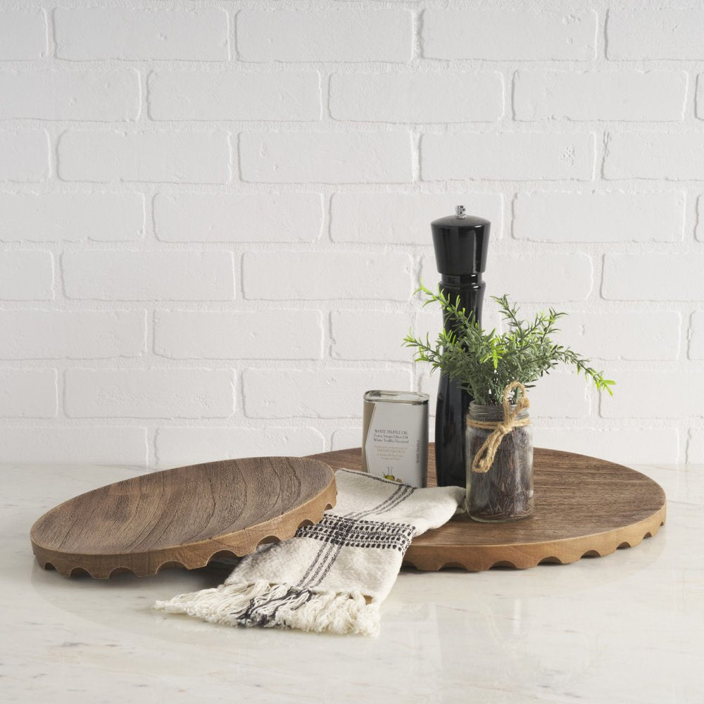 Set of Two Natural Light Brown Round Wood Handmade Serving Trays  Warm Home View
