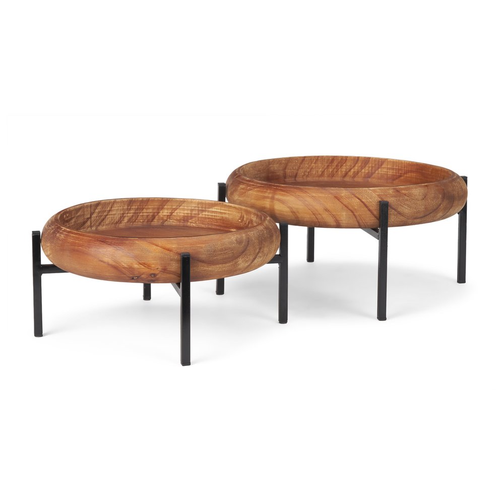Set of Two Brown Solid Wood Handmade Round Serving Trays With Stands  Warm Home View