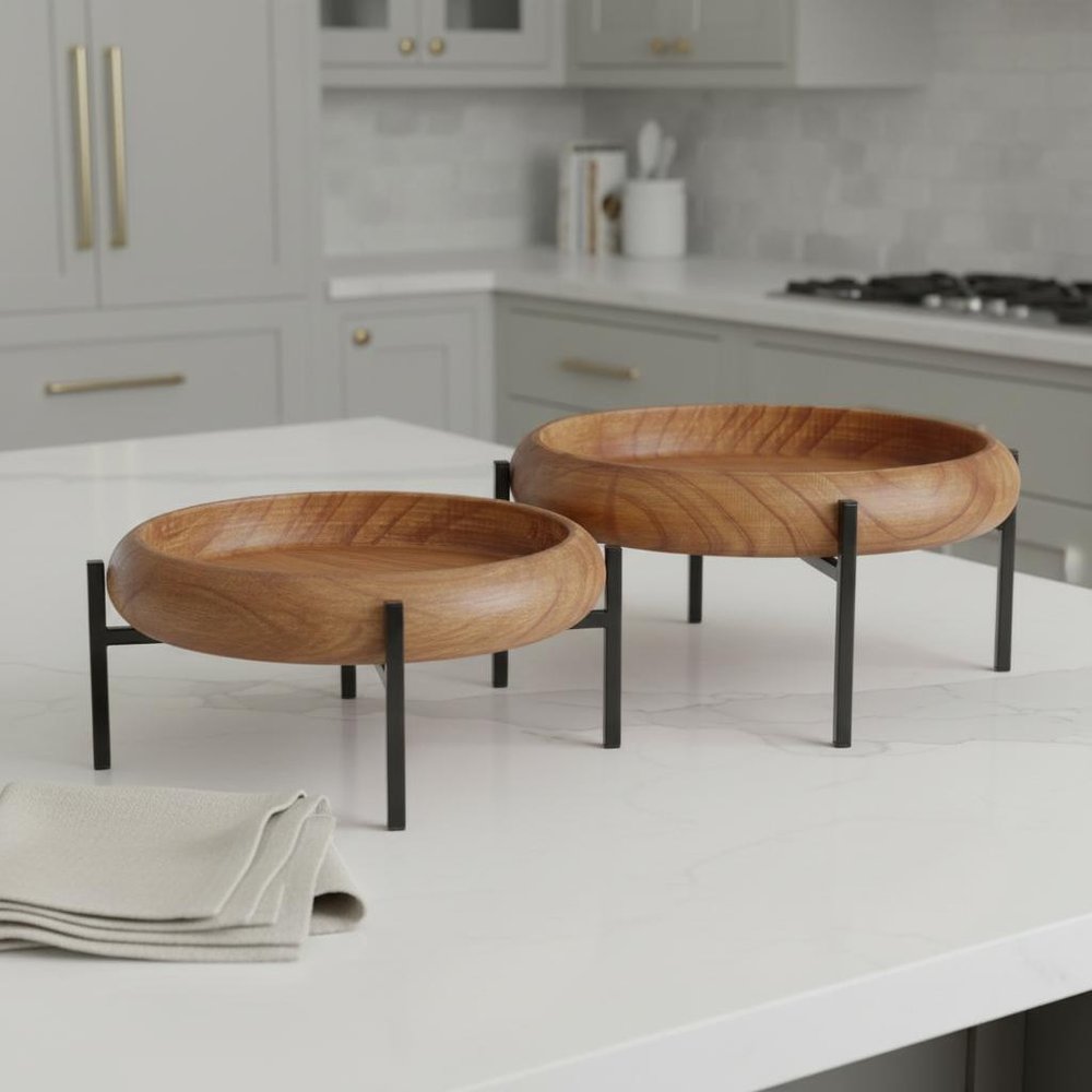 Set of Two Brown Solid Wood Handmade Round Serving Trays With Stands  Warm Home View