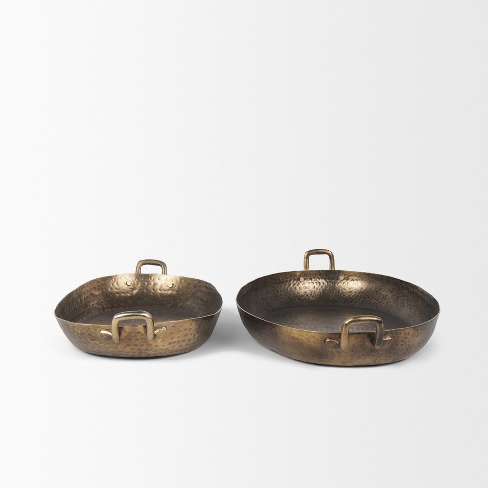 Set of Two Gold Oval Metal Handmade Serving Tray With Handles  Warm Home View