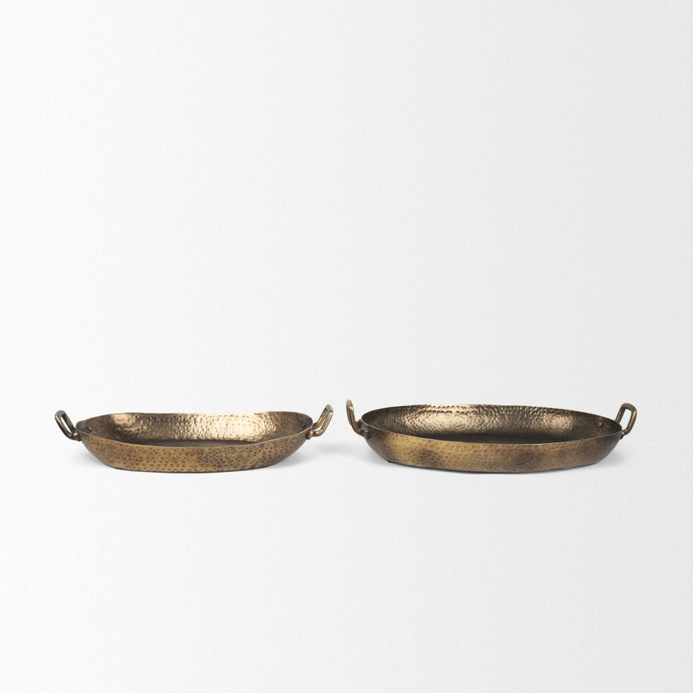 Set of Two Gold Oval Metal Handmade Serving Tray With Handles  Warm Home View