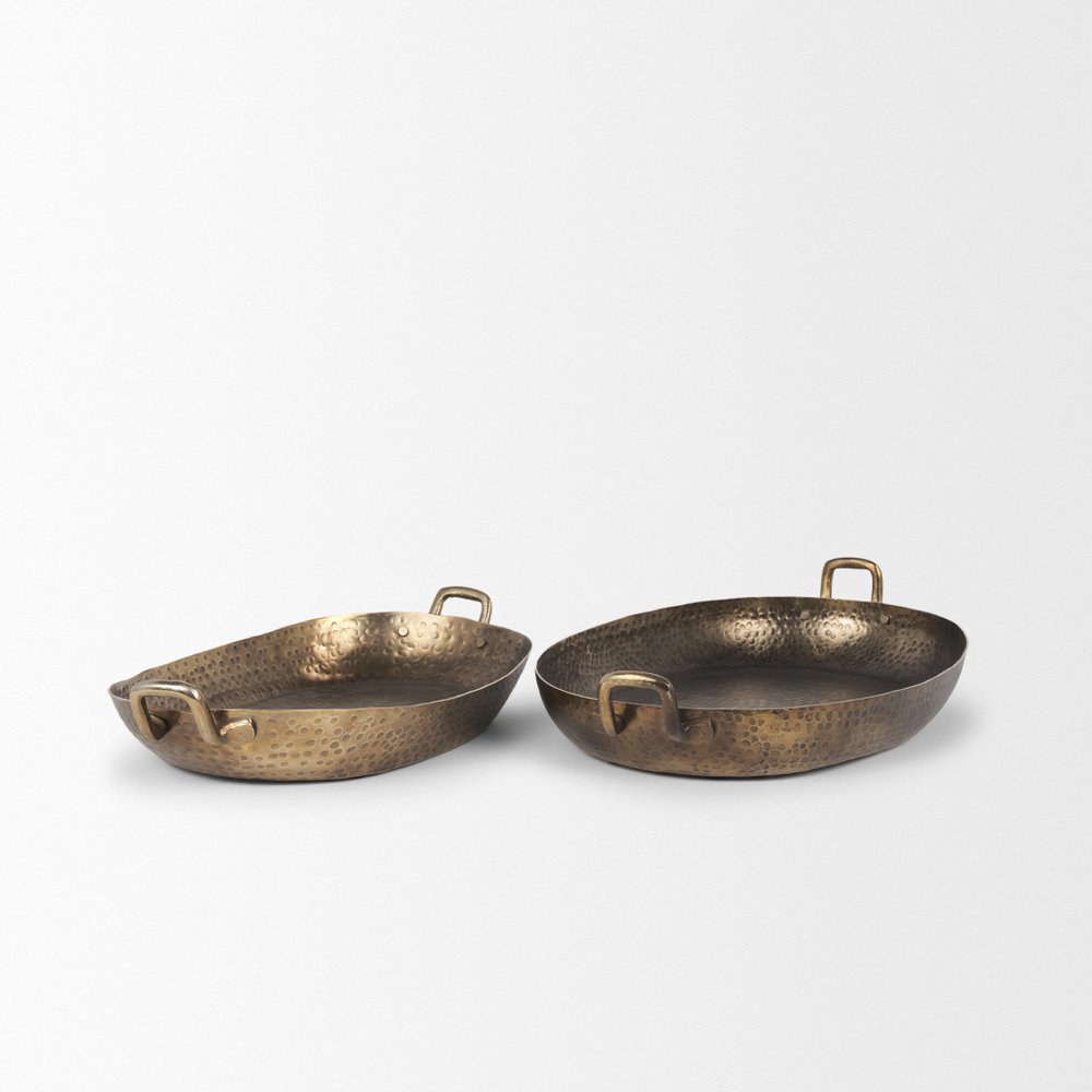 Set of Two Gold Oval Metal Handmade Serving Tray With Handles  Warm Home View