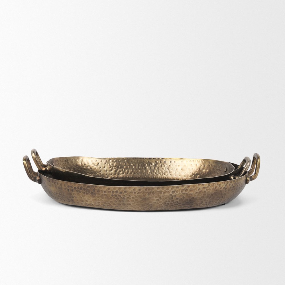 Set of Two Gold Oval Metal Handmade Serving Tray With Handles  Warm Home View