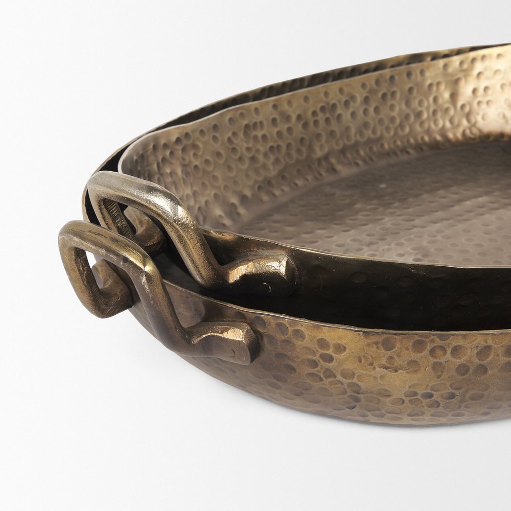 Set of Two Gold Oval Metal Handmade Serving Tray With Handles  Warm Home View