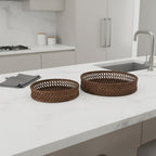 Set of Two Brown Round Wicker Handmade Serving Tray  Warm Home View