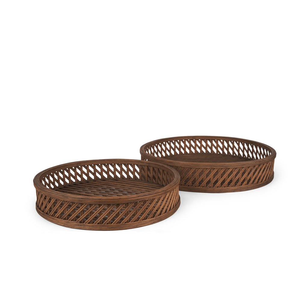 Set of Two Brown Round Wicker Handmade Serving Tray  Warm Home View