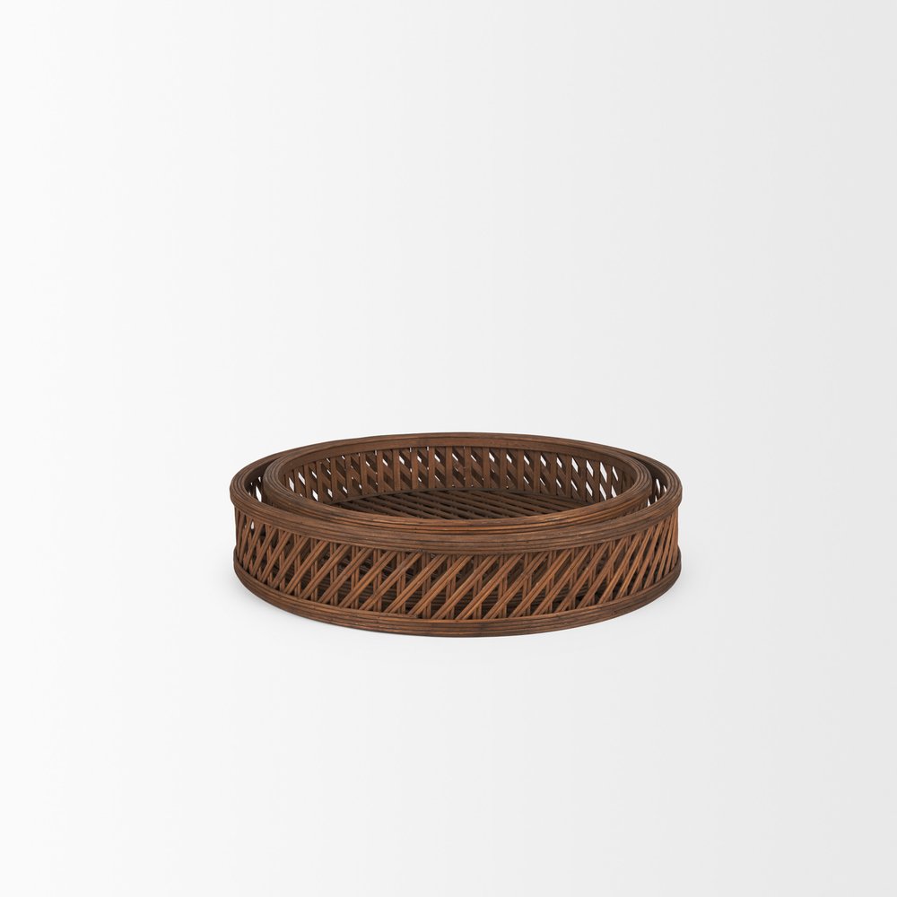 Set of Two Brown Round Wicker Handmade Serving Tray  Warm Home View