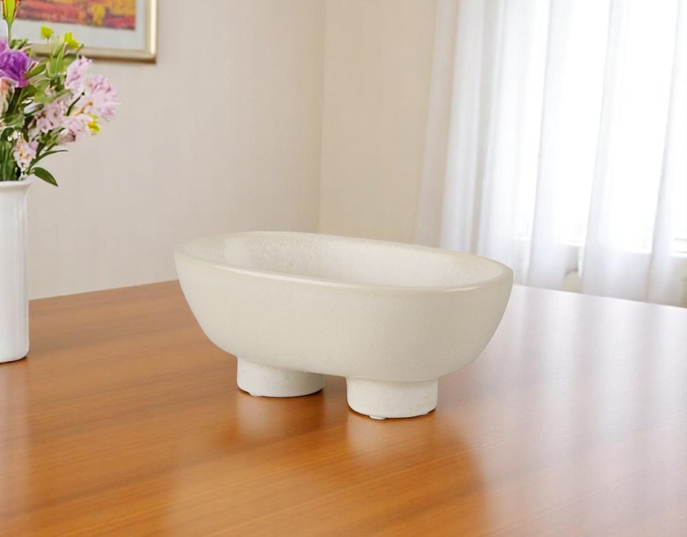 8" Cream Ceramic Oval Pedestal Centerpiece Bowl  Warm Home View