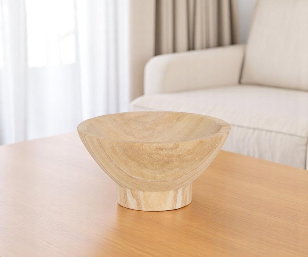 8" Beige Sandstone Round Pedestal Centerpiece Bowl  Warm Home View