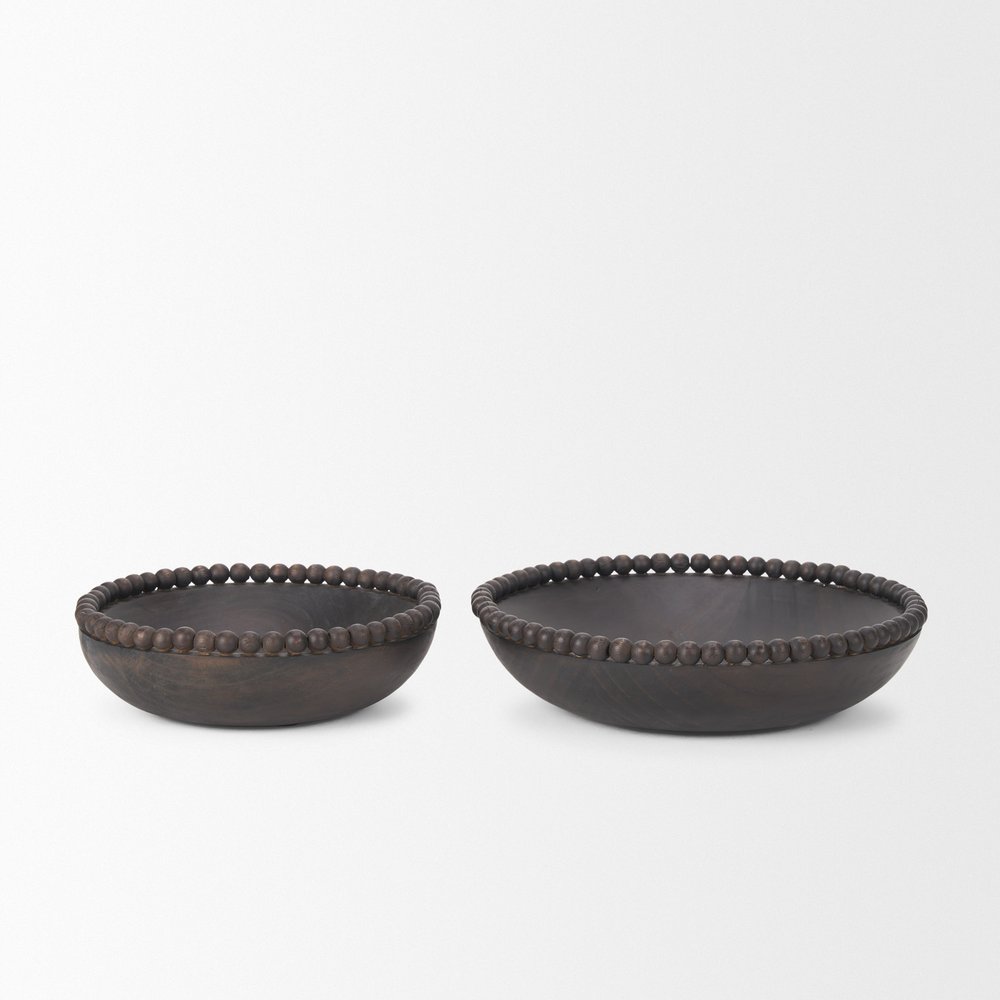 Set of Two Black Solid Wood Beaded Edge Round Centerpiece Bowls  Warm Home View