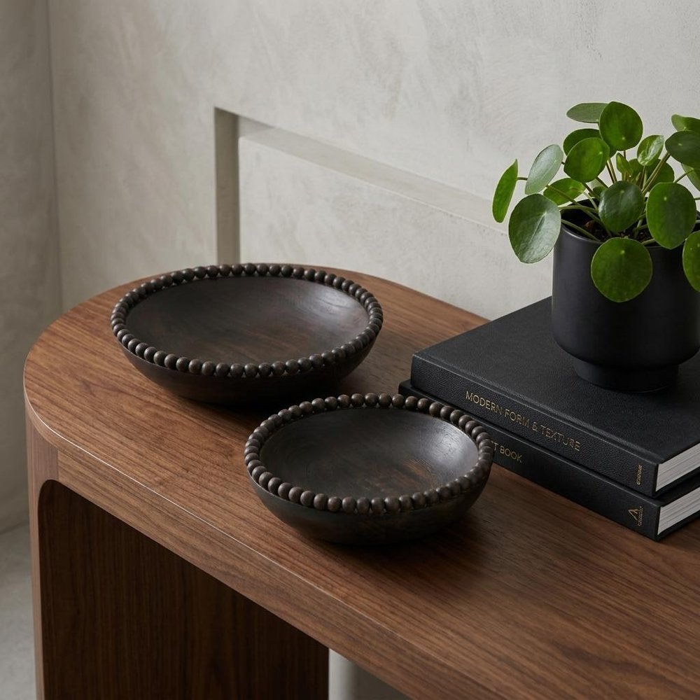 Set of Two Black Solid Wood Beaded Edge Round Centerpiece Bowls  Warm Home View