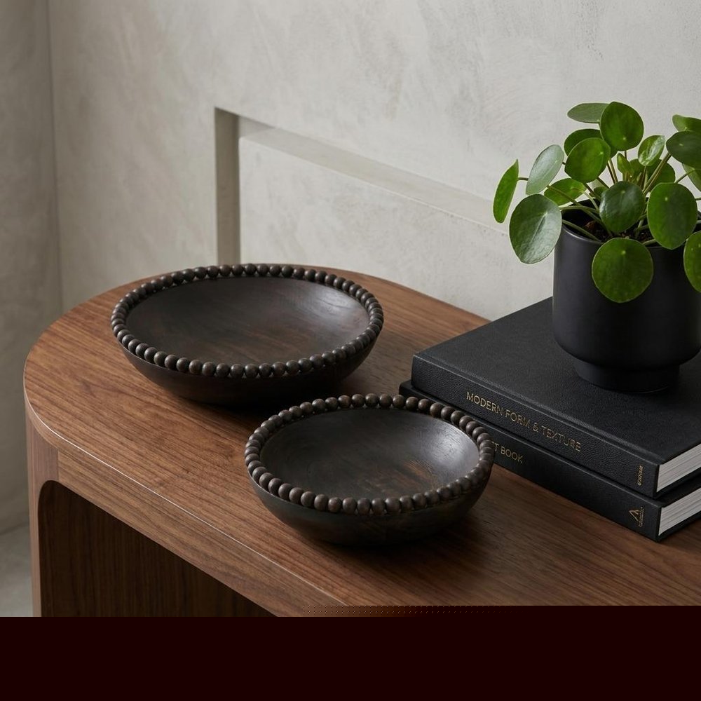 Set of Two Black Solid Wood Beaded Edge Round Centerpiece Bowls  Warm Home View