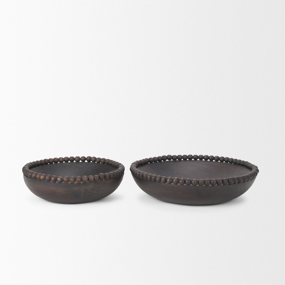 Set of Two Black Solid Wood Beaded Edge Round Centerpiece Bowls  Warm Home View