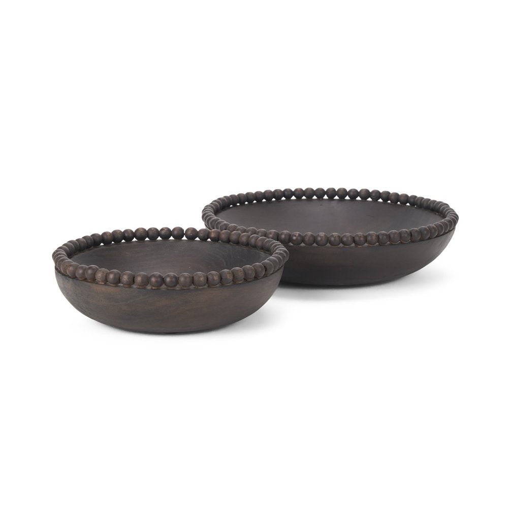 Set of Two Black Solid Wood Beaded Edge Round Centerpiece Bowls  Warm Home View