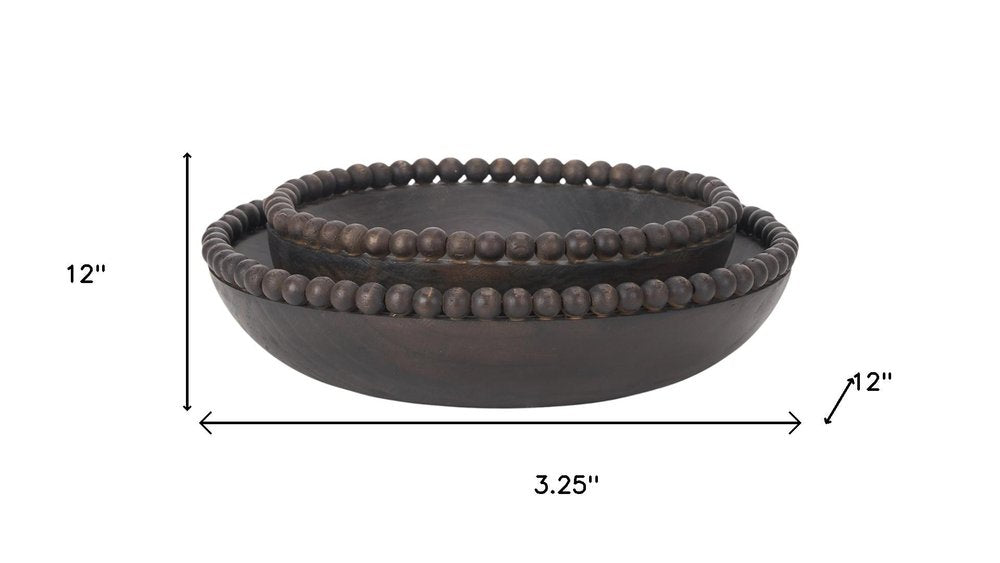 Set of Two Black Solid Wood Beaded Edge Round Centerpiece Bowls  Warm Home View